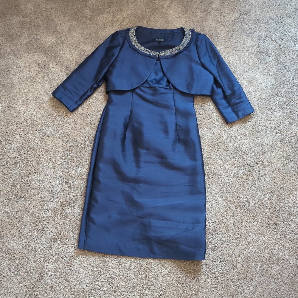 ADRIANNA PAPELL Silk Navy Dress with Beaded Bolero Jacket Size 6